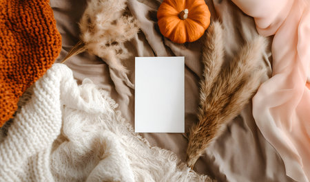 Creative holiday concept. Blank empty white card on wool blanket silk scarf with pumpkin, dry autumn pampas flowers leaves surrounded. Mockup template. Copy text space. overlay flaの写真素材