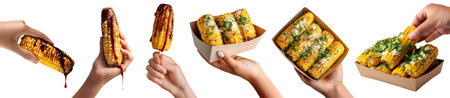 Set of hand holding charred grilled corn ribs on the cob, cotija cheese spice in takeaway paper...