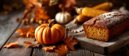 Creative food holiday template. Loaf of fresh baked cornbread bun surrounded by maple autumn leaf, pumpkin corn on rustic wooden table. copy text space.の写真素材