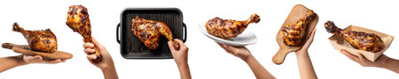 Set of hand holding huge Roasted grilled turkey chicken drumstick thigh in takeaway paper carton,...