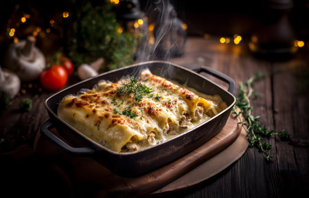 Creative food Concept. Steamy hot Chicken and mushroom cannelloni with bÃ©chamel sauce melted cheese in baking pan with burning candles, tomato herb parsley on rustic wooden table.の写真素材
