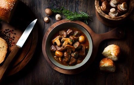 Creative food template. Mushroom and meat stew gravy soup on wooden bowl table, with bread and...