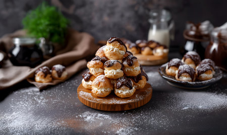 Creative food template, Stack of profiterole pÃ¢te Ã  choux, French Cream Puff Choux pastry with...