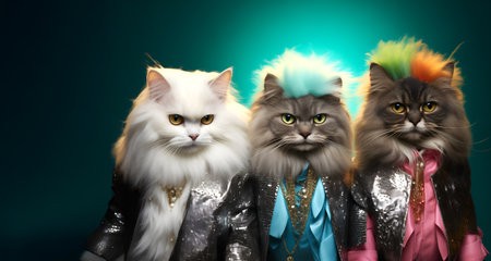 Creative animal concept. Group gang of British longhair cat kitten kitty in neon bright sparkly rock punk colour outfit, copy text space. commercial, editorial advertisement partyの素材