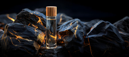 Creative minimal concept. A clear glass bottle on rough black Rock stone podium with gold vein crack glowing on dark calm background. Mock up template for product presentation. copの素材