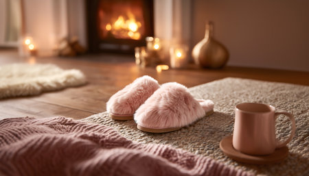 Creative lifestyle concept. Pair of luxury fur home slippers, pink mug on woven wool rug, living...