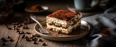 Creative food concept. Slice of classic italian Tiramisu dessert pastry with mascarpone cream and flavoured with cocoa powder and coffee beans on rustic linen cloth wooden board taの写真素材
