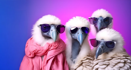 Creative animal concept. Group of vulture bird friends in sunglass shade glasses isolated on solid background, commercial, editorial advertisement, copy text spaceの素材