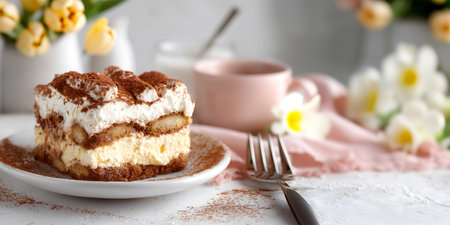 Creative food concept. Plate of classic italian Tiramisu dessert pastry with mascarpone cream and cocoa powder on bright cheery morning with flowers tulips daisy background.の写真素材