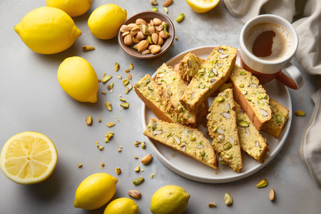 Creative food template. Pistachio-Almond Biscotti cantucci, crunchy, twice-baked Italian cookies with nutty flavors, mug of tea, lemons slice, nuts, linen cloth on cement backgrounの写真素材