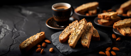 Creative food template. Stack of Classic Italian Almond Biscotti cantucci, crunchy, twice-baked Italian cookies, cup of coffee, nuts on dark slab cement black background. copy textの写真素材