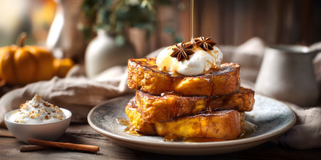 Creative food template. Honey maple dripping on Stack of Pumpkin flavour golden brown French Toast...