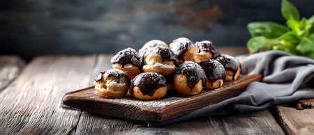 Creative food template, Stack of golden brown profiterole, French Cream Puff Choux pastry with...