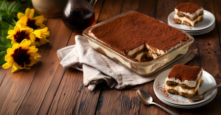 Creative food concept. Classic italian Tiramisu dessert pastry in glass tray sliced out with mascarpone cream and cocoa powder, yellow flower floral on rustic wooden table.の写真素材
