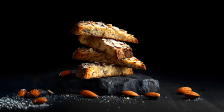 Creative food template. Stack of Classic crunchy Italian Almond Biscotti cantucci, on dark slab cement rock with salt and nuts scattered background. copy text space. Long bannerの写真素材