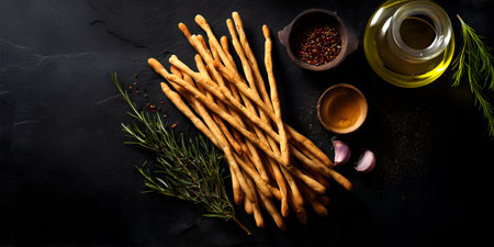 Creative food template. Fresh baked Thin crisp Italian breadsticks Grissini with ingredient of olive oil rosemary garlic peppercorn pepper on black background. copy text space.の写真素材