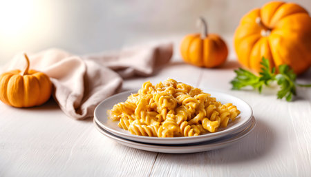 Creative food Concept. Pumpkin creamy cheesy fusilli Pasta with fruit and linen cloth on bright wooden table top, copy text spaceの写真素材
