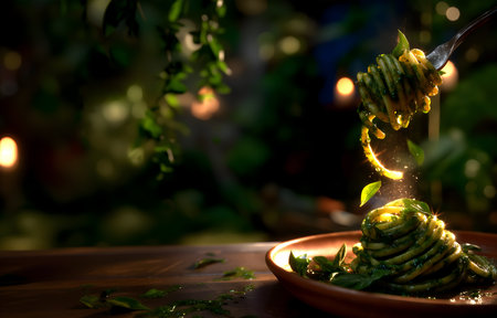 Creative food Concept. Basil Spaghetti Pasta twirled lifted on fork, shiny glister from the noodle with bokeh overhanging leaves, wooden table background, wooden table, copyの写真素材