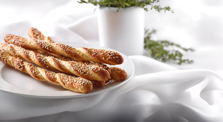 Creative food template Fresh baked crispy Italian Grissini breadsticks with sesame seeds on ceramic...