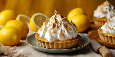 Creative food template. Lemon meringue cream curd tart tartlet pie pastry dessert with knife, fruit...