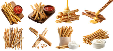 Set of Grissini breadsticks, classic Italian crispy baked bread stick, wooden serve board, takeaway...