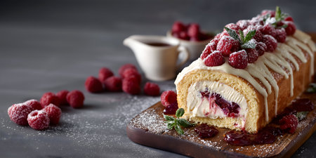 Creative food concept. Raspberry shortcake swiss roll roll-up sponge cake, with cream fruits, jam filling on grey table with sprinkle powdered sugar. copy text spaceの写真素材