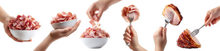 Set of hand holding Parma ham Prosciutto fermented processed cured meat, turkey pork, white bowl, on fork, pieces sliced pile, isolated cutout. Many different styleの写真素材