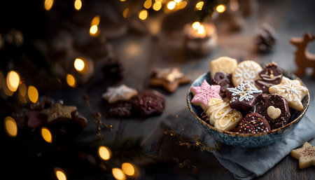 Creative food holiday concept. Homemade Christmas cookie biscuit with decoration bokeh lights candles on warm dark rustic background. copy text space. Long bannerの写真素材