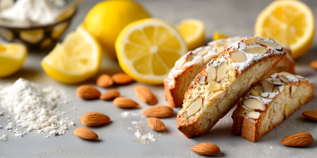 Creative food template. Crunchy Lemon Almond Biscotti cantucci,, twice-baked Italian cookies, flour fruit nuts, powdered sugar scattered on grey background. copy text spaceの写真素材