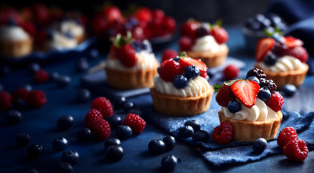 Creative food template. Mini fruit tarts topped with cream curd,  strawberries blueberries raspberries tartlet pastry dessert on linen cloth dark background with scattered berries.の写真素材