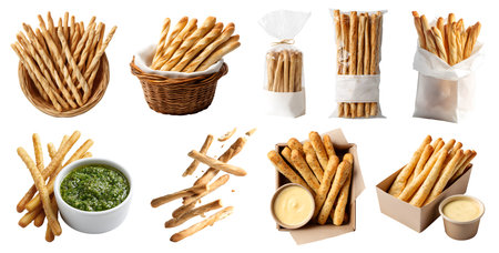 Set of crispy baked Grissini bread stick, classic Italian breadsticks, cheese pesto sauce, plastic package, basket, takeaway box, stack pile broken, cutout. Manyの写真素材