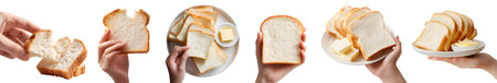 Set of hand holding White bread bun loaf slice, broken bitten stack pile, white plate with butter, isolated cutout. Many different style. Mockup designの写真素材