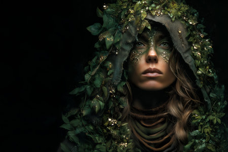 Fashion surreal Concept. Closeup of Fairy woman intense mystical eyes, gold flake and bark wood on face surround with pyrite leaf leaves foliage. copy text spaceの素材