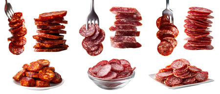 Collection of 3 set cured smoked fermented dried sausage meat, chorizo pepperoni salami, on fork plate bowl, sliced stack pile, transparent cutout PNG. Mockup for designの写真素材