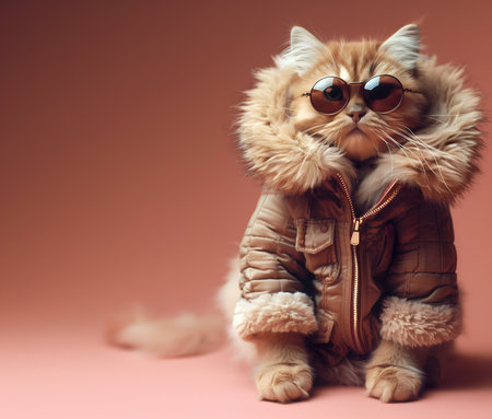 Creative animal concept. British longhair cat kitten kitty in luxury wealthy fancy chic luxurious impeccable fur leather fabric outfits isolated on background advertisementの素材