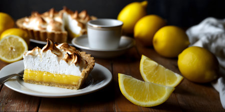 Creative food template. Lemon meringue cream curd slice tart tartlet pie pastry dessert, fruit with tea on rustic wooden table background. copy text space. Long bannerの写真素材