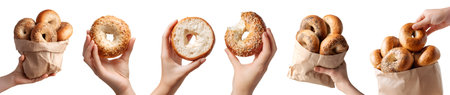 Set of hand holding bagel chewy bread roll, pile group stack bitten slice half, takeaway brown bag, isolated cutout. Many different style. Mockup for designの写真素材