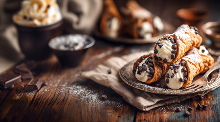 Creative food template. Delicious Italian cannoli dessert, crispy shells with ricotta cream,...
