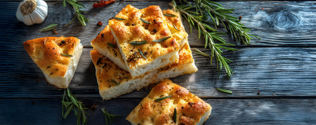Creative food template. Stack of Italian traditional focaccia flat bread bun with seasonings and rosemary herb on old wooden rustic table. copy text space. Long banner. Flat lay ovの写真素材
