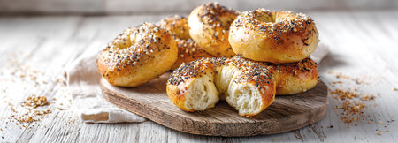 Creative food template.  Everything bagel bread roll, mix of seeds and seasonings. freshly baked on...