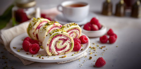 Creative food concept. Rows of Pistachio Raspberry swiss roll roll-up cake slices, with fruits, nuts, tea on white table. copy text spaceの写真素材