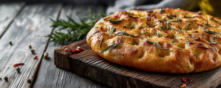 Creative food template. Round Italian pizza focaccia traditional bread bun with chili pepper seasonings, rosemary herb on rustic wooden serving board background. copy text spaceの写真素材