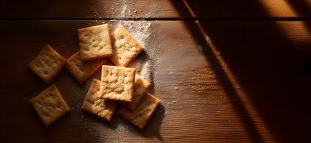 Creative food template. Square soda saltine crackers biscuit and oak wooden table, with crisp shadow...