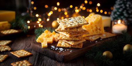 Creative food concept. Salted saltine crackers biscuit and cheese, scattered with candle, bauble...