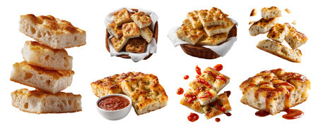 Set of classic Italian Focaccia flatbread bun bread flat, leavened oven-baked, with rattan basket,...