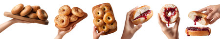 Set of hand holding soft chewy bagel bread bun roll, mix of seeds and seasonings, with jam spread,...