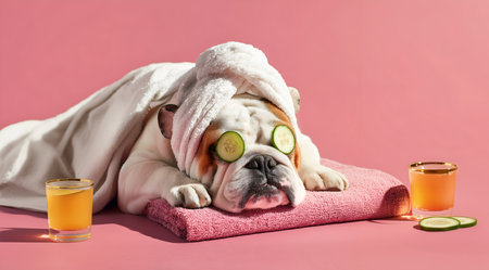 Creative animal template. Lazy English bulldog relaxing napping at spa treatment, towel wrapped head and body with cucumber slices on eyes, with cocktail. copy text space. Long banの素材