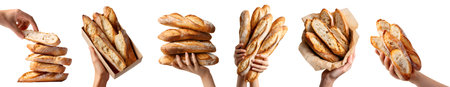 Set of hand holding Baguette, tradition narrow toasted French baked bread bun, takeaway carton bowl...
