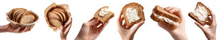 Set of hand holding slice of Whole wheat grain wholemeal bread bun, stack pile bite broke, with...