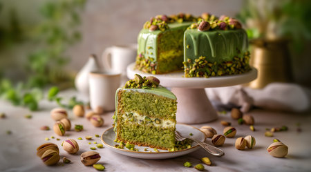 Creative food template. Torta al Pistacchio, rich moist pistachio cake slice, cover with crush nuts, crumb, green ganache cream frosting, plants leaves, on rustic country style setの写真素材